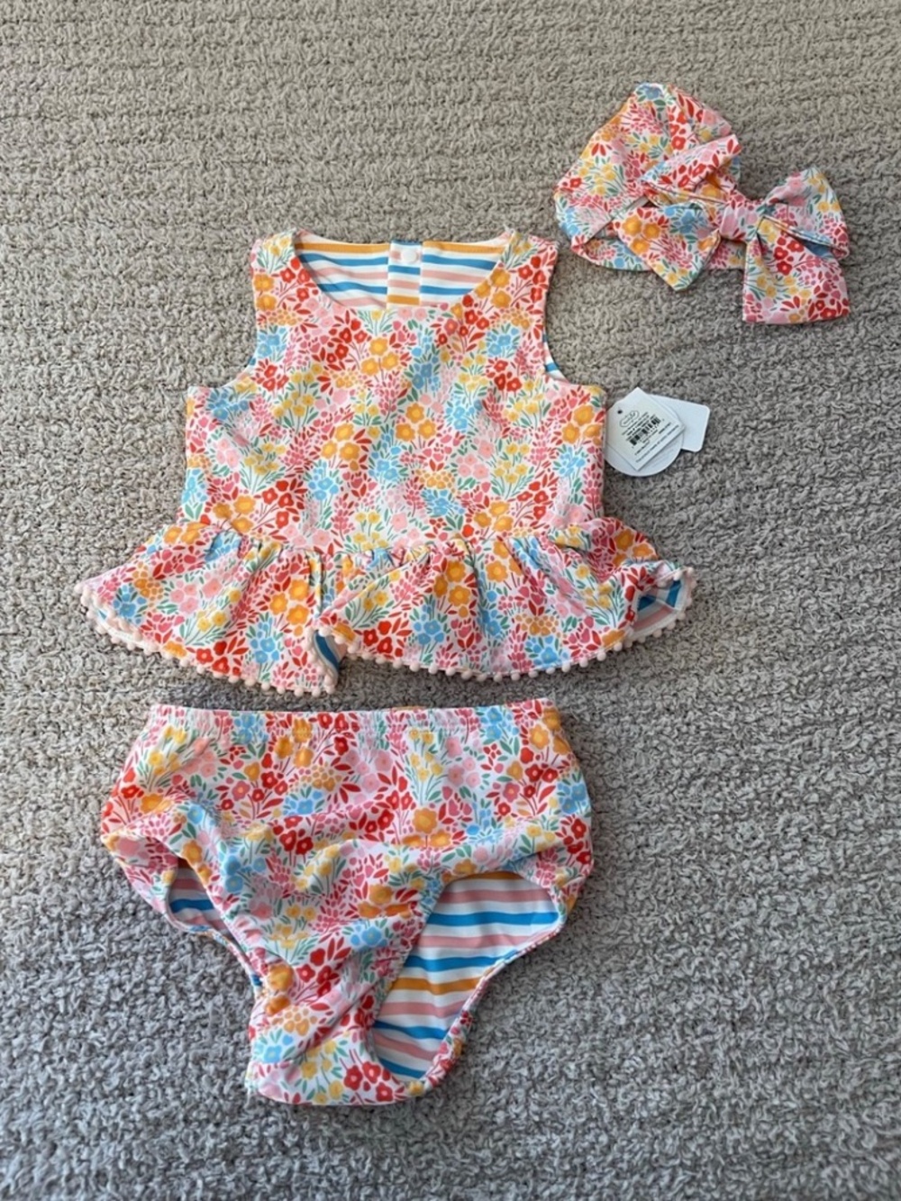 Mud Pie Girl Floral/ Stripe Reversible Two Piece Swimsuit & Headband 24M/2T NEW